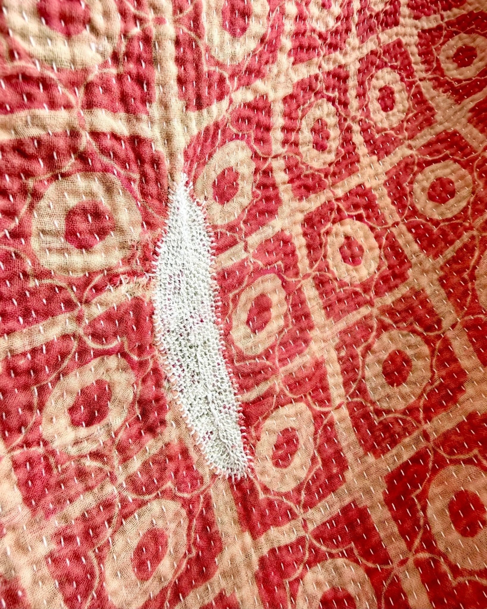 Large Fine Stitched Vintage Kantha Quilt With Pink Squares - Biggs & Hill