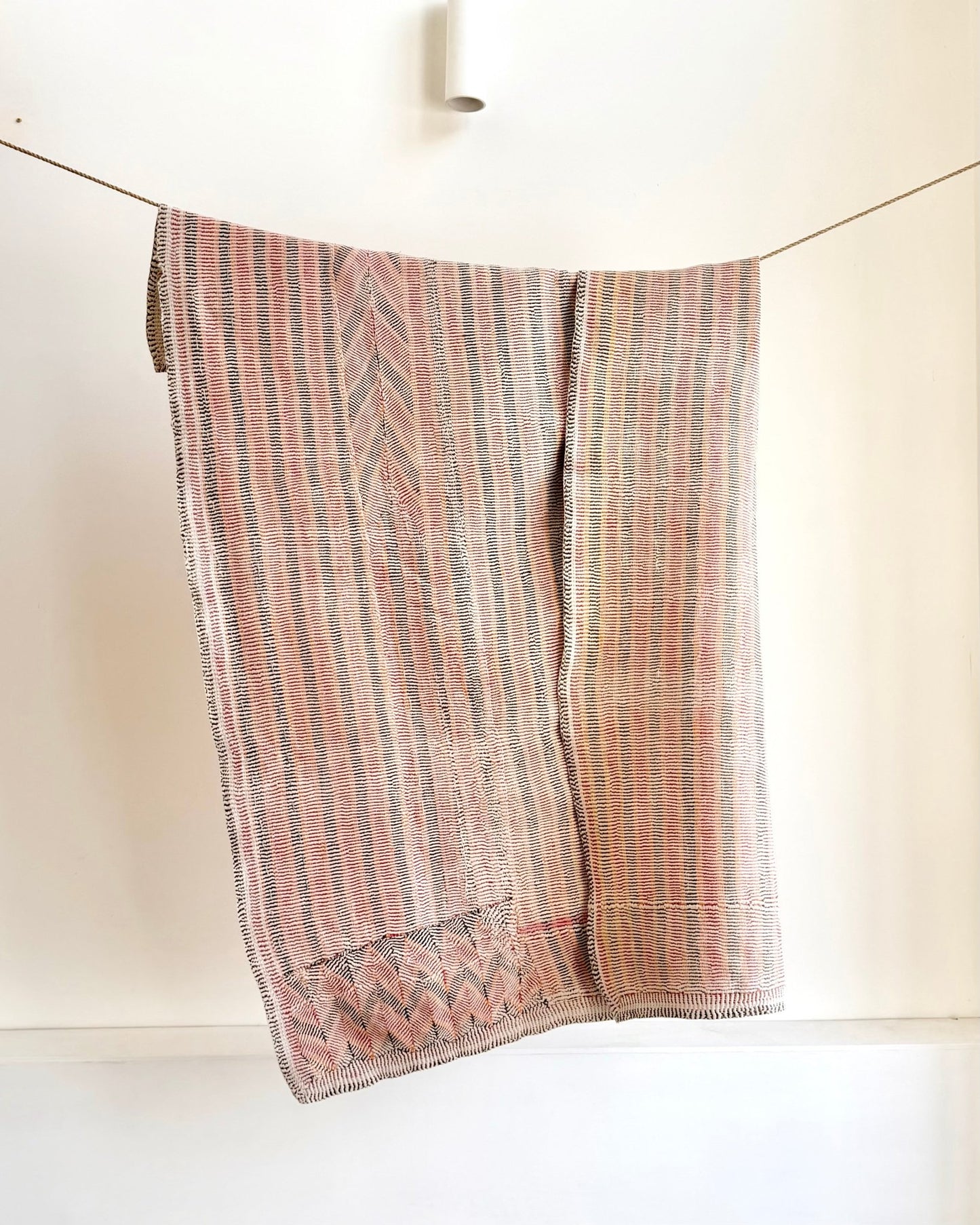 Small Heavy Vintage Lohori Kantha Quilt in Pink and Yellow Stripes - Biggs & Hill