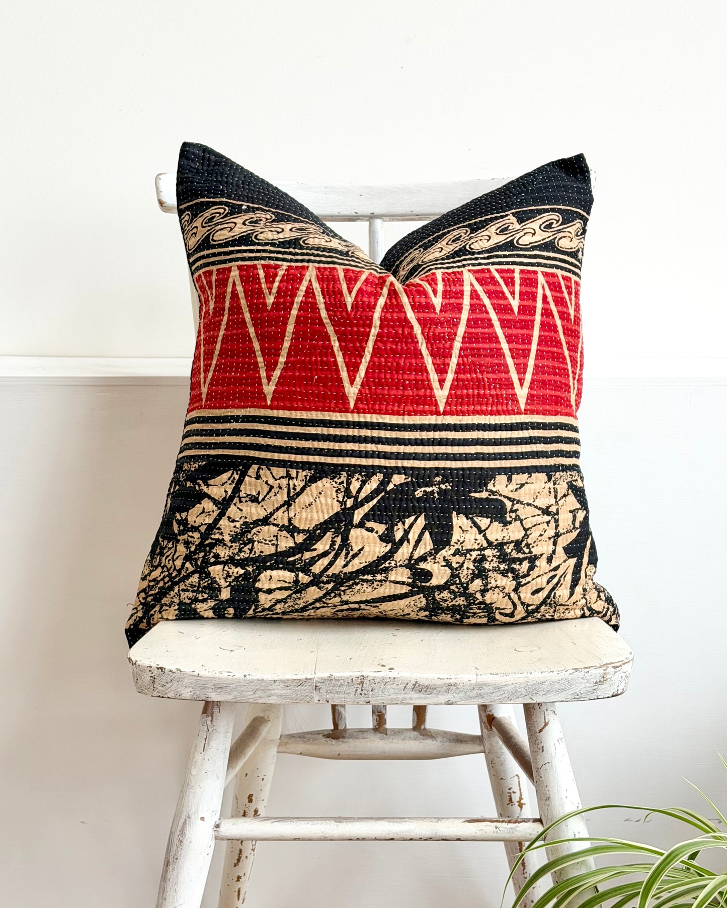 Vintage Kantha Cushion In Black and Red- 45cm Square