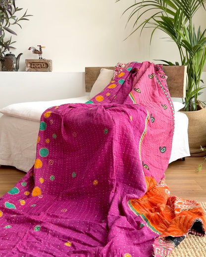Vintage Cotton Kantha Quilt In Purple and Orange #44