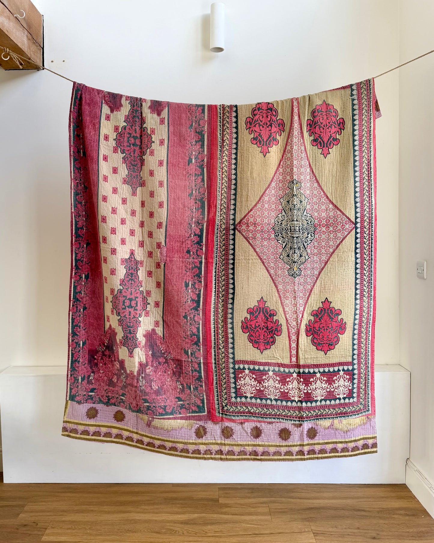 Fine Stitched Vintage Kantha Quilt in Super Soft Pink and Purple