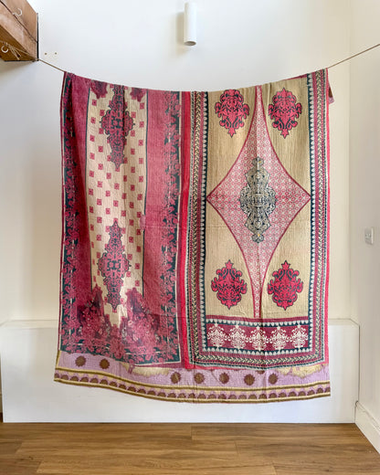 Fine Stitched Vintage Kantha Quilt in Super Soft Pink and Purple