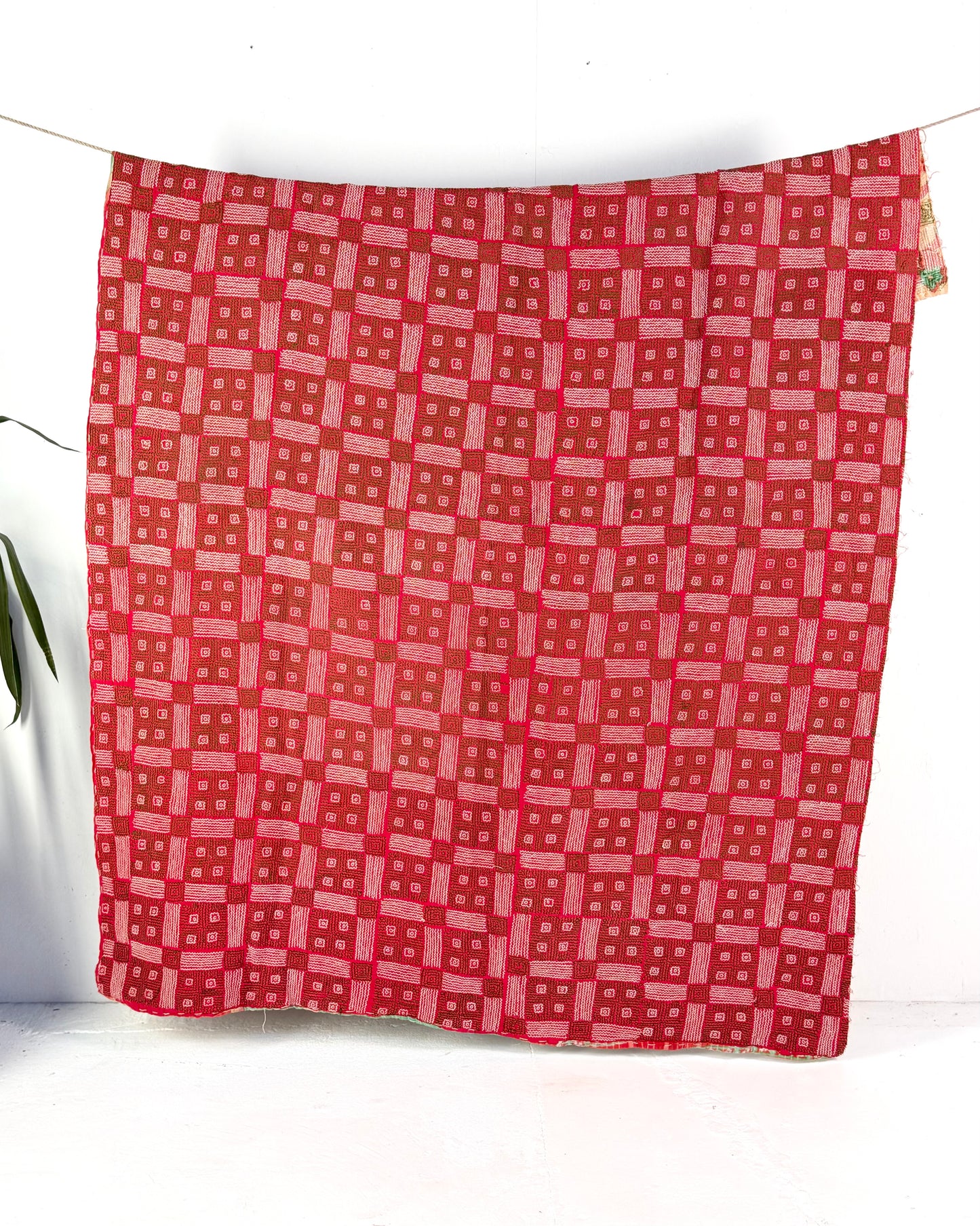 Heavy Vintage Galicha Kantha Quilt In Pink and Green