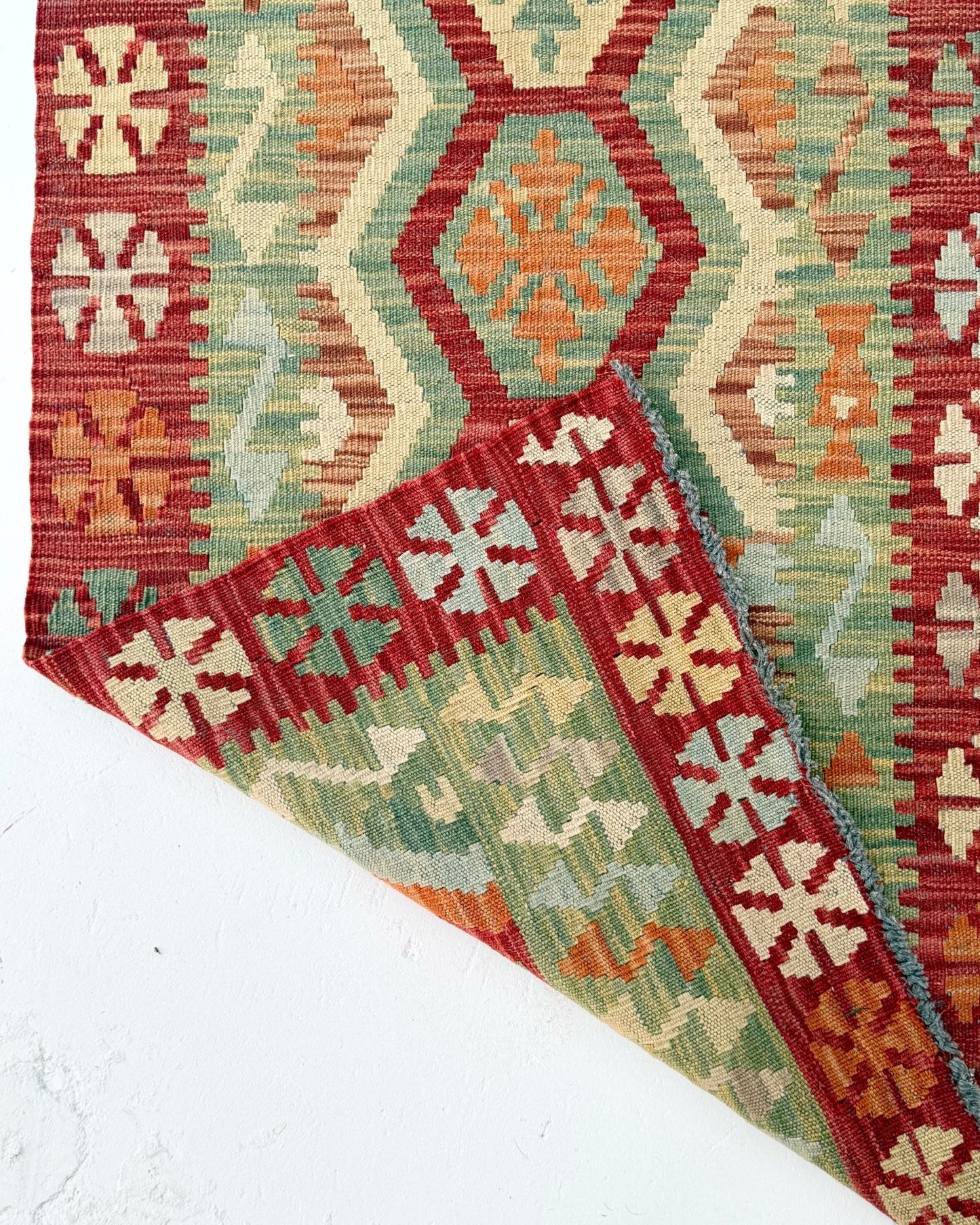 Terracotta and Green Afghan Chobi Kilim Rug - Biggs & Hill