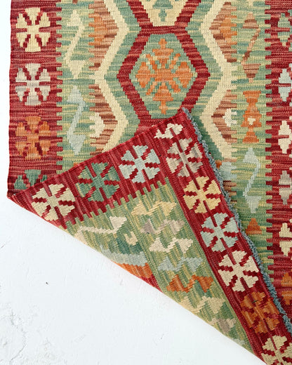 Terracotta and Green Afghan Chobi Kilim Rug - Biggs & Hill