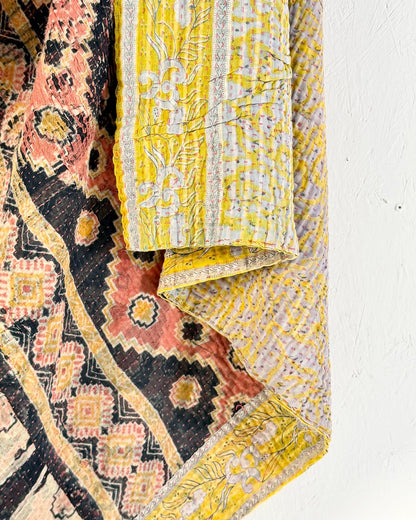 Large Textured Vintage Kantha Quilt In Geometric Peach and Black - Biggs & Hill