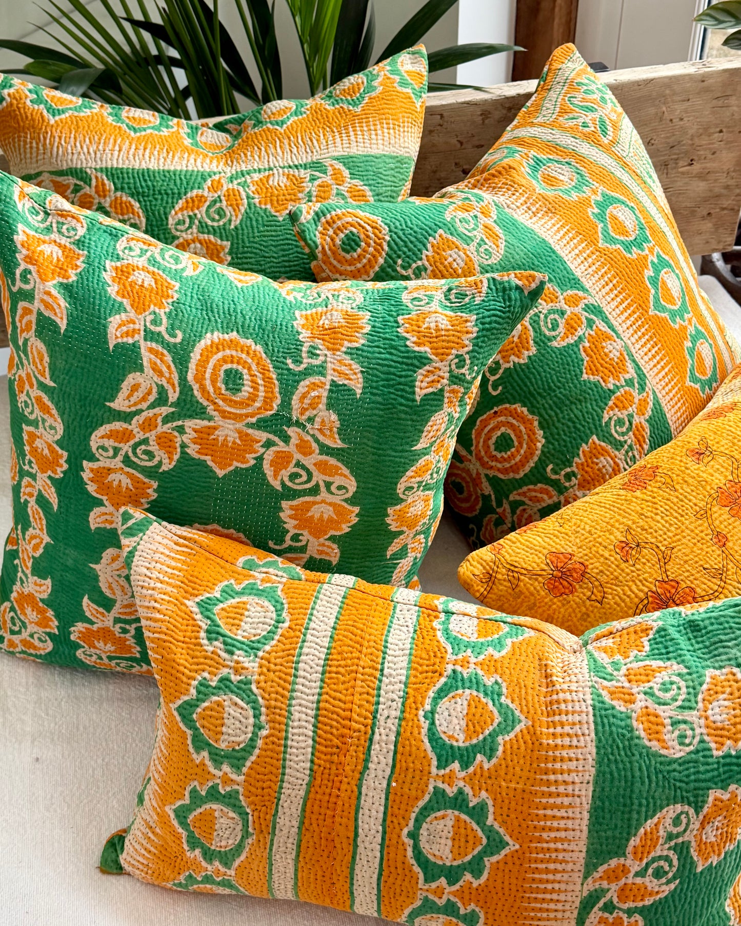 Vintage Kantha Cushion In Green and Orange- 45cm Square