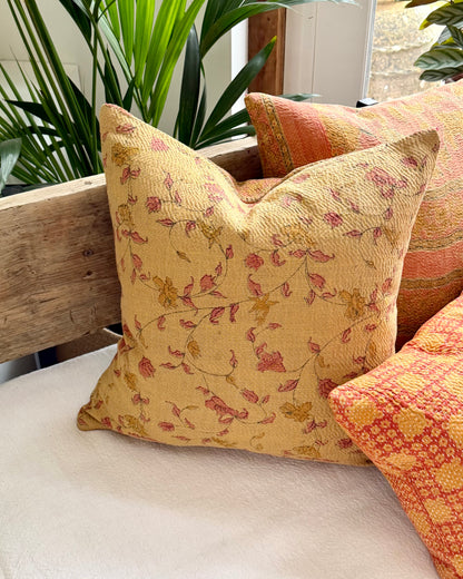 Vintage Kantha Cushion With Yellow Flowers - 45cm Square