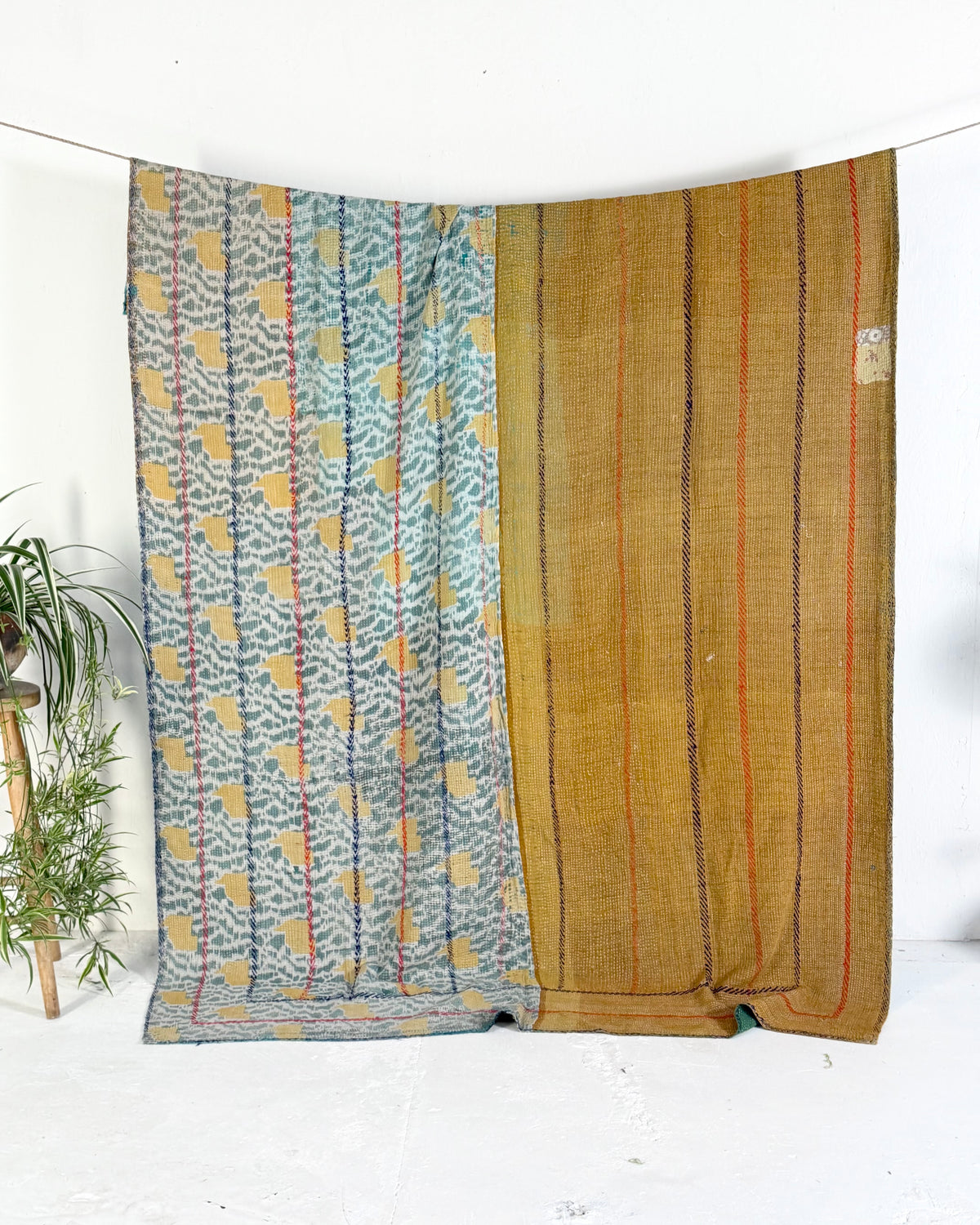 Extra Large Fine Stitched Embroidered Vintage Kantha Quilt in Green, Blue and Terracotta
