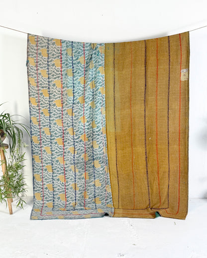 Extra Large Fine Stitched Embroidered Vintage Kantha Quilt in Green, Blue and Terracotta
