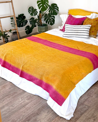 Fine Stitched Vintage Kantha Quilt in Vibrant Pink and Yellow with Dot Pattern - Biggs & Hill