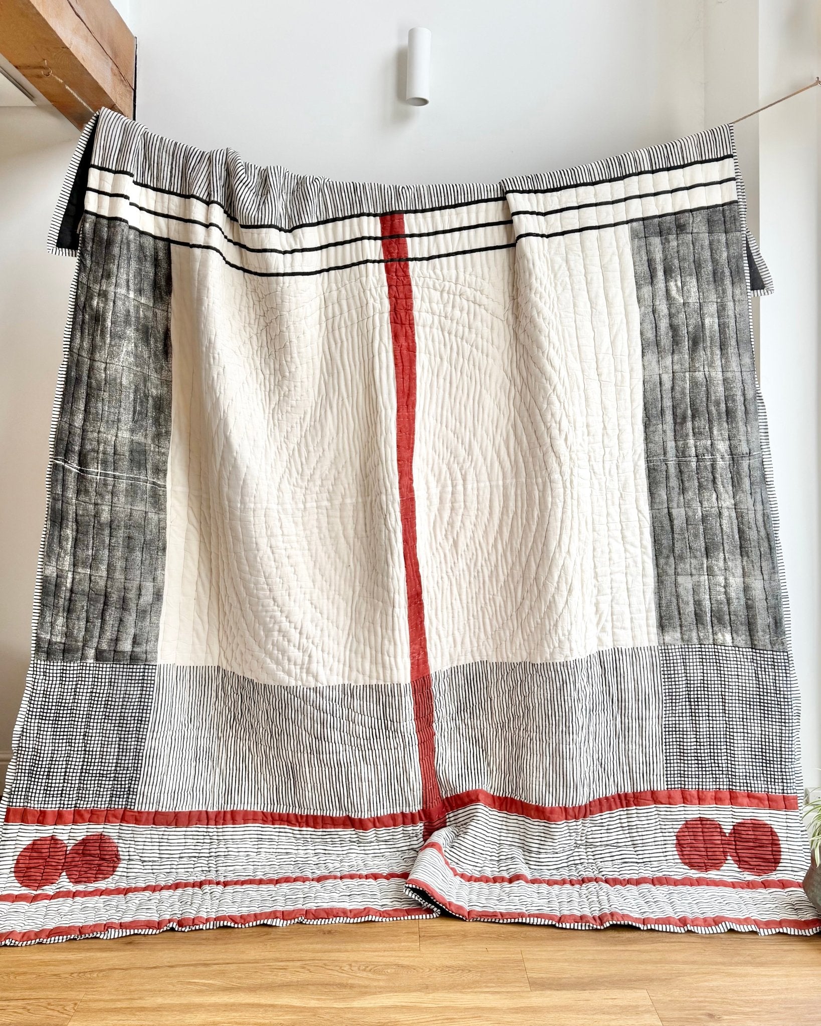 Quilted Kantha With Sun Pattern In Black, White and Red - KING - Biggs & Hill