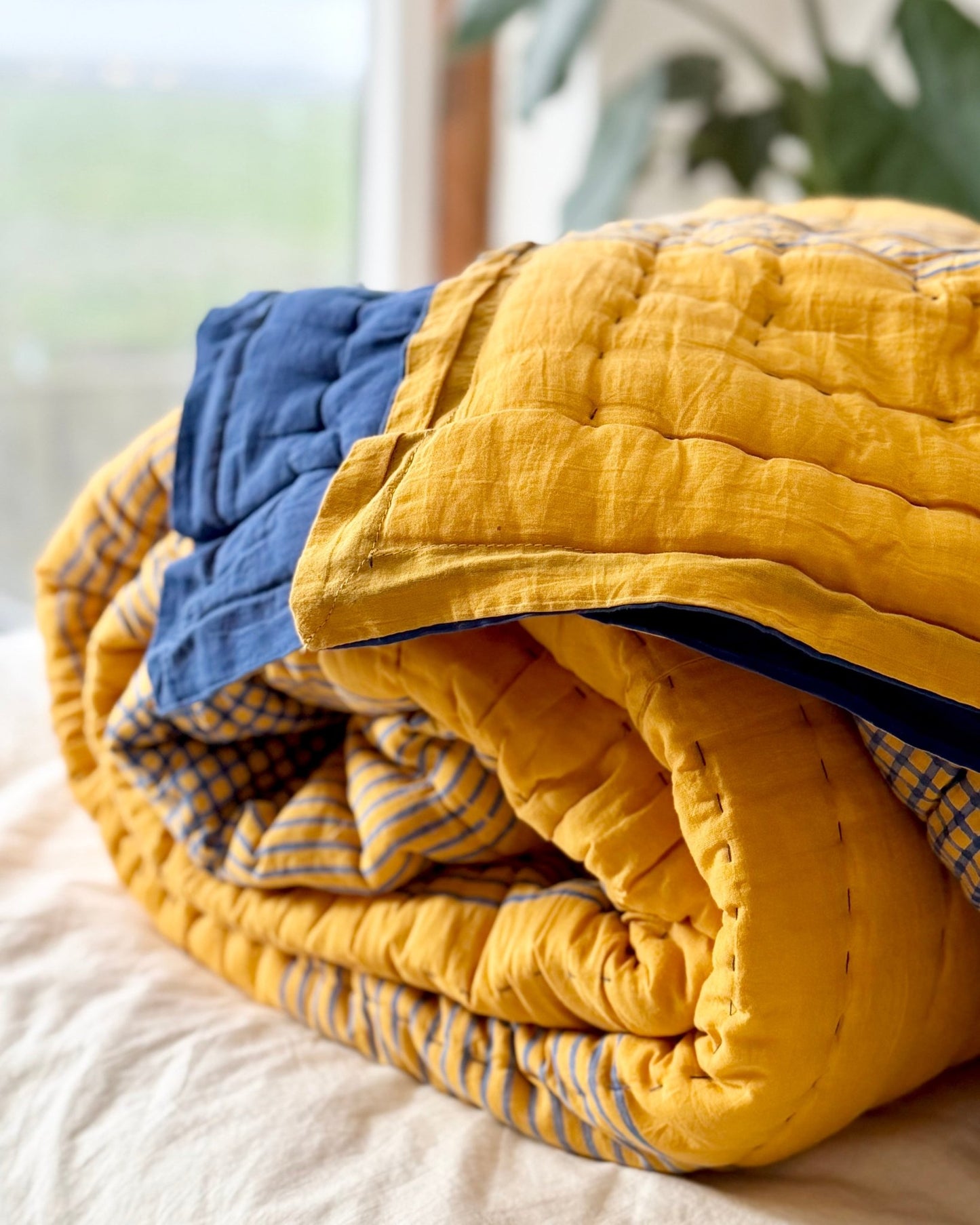 Quilted Kantha In Blue and Yellow With Geometric Patterns - SUPER KING - Biggs & Hill