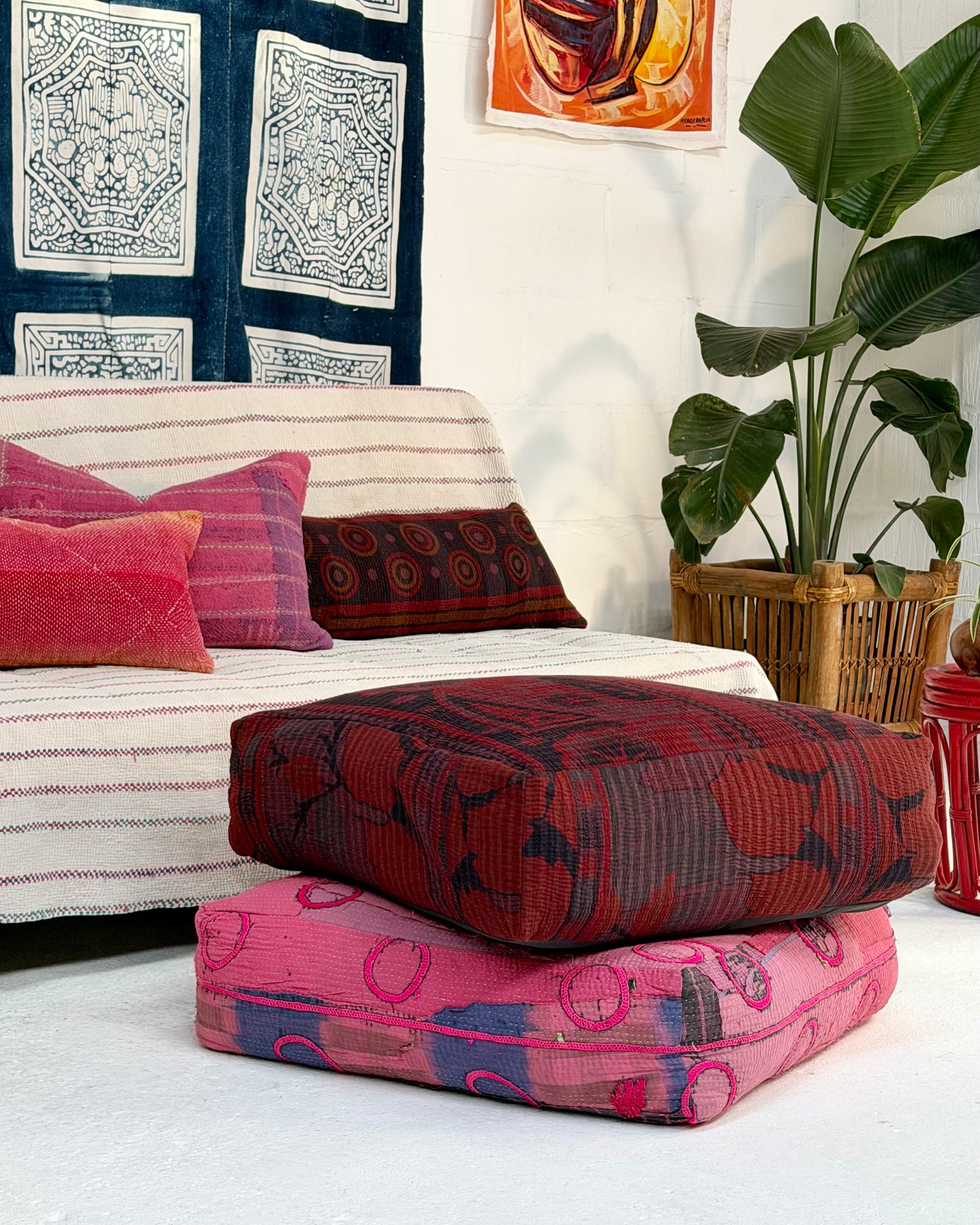 Large Square Kantha Floor Cushion Cover In Burgundy