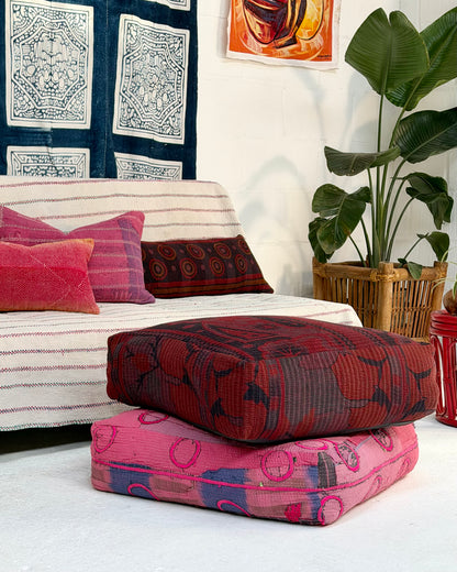 Large Square Kantha Floor Cushion Cover In Burgundy