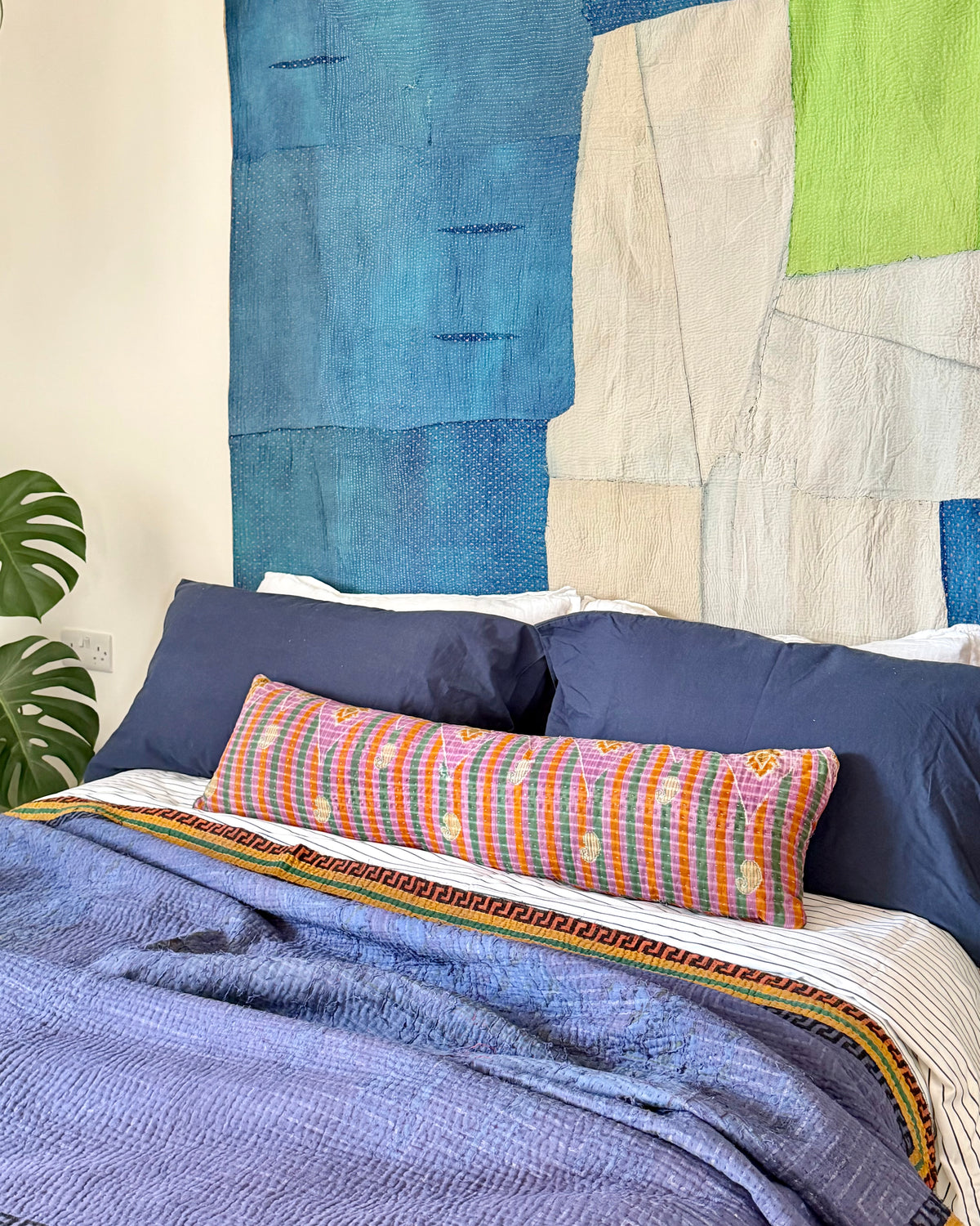Indigo Print Kantha Quilt With Border