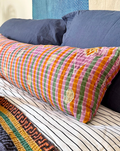Vintage Kantha Bolster Cushion Cover In Green and Purple 30 x 100cm - Biggs & Hill