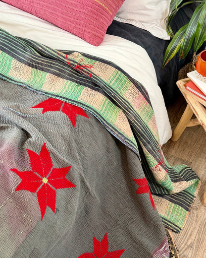 Large Fine Stitched Embroidered Vintage Kantha Quilt With Red Stars on Grey - Biggs & Hill