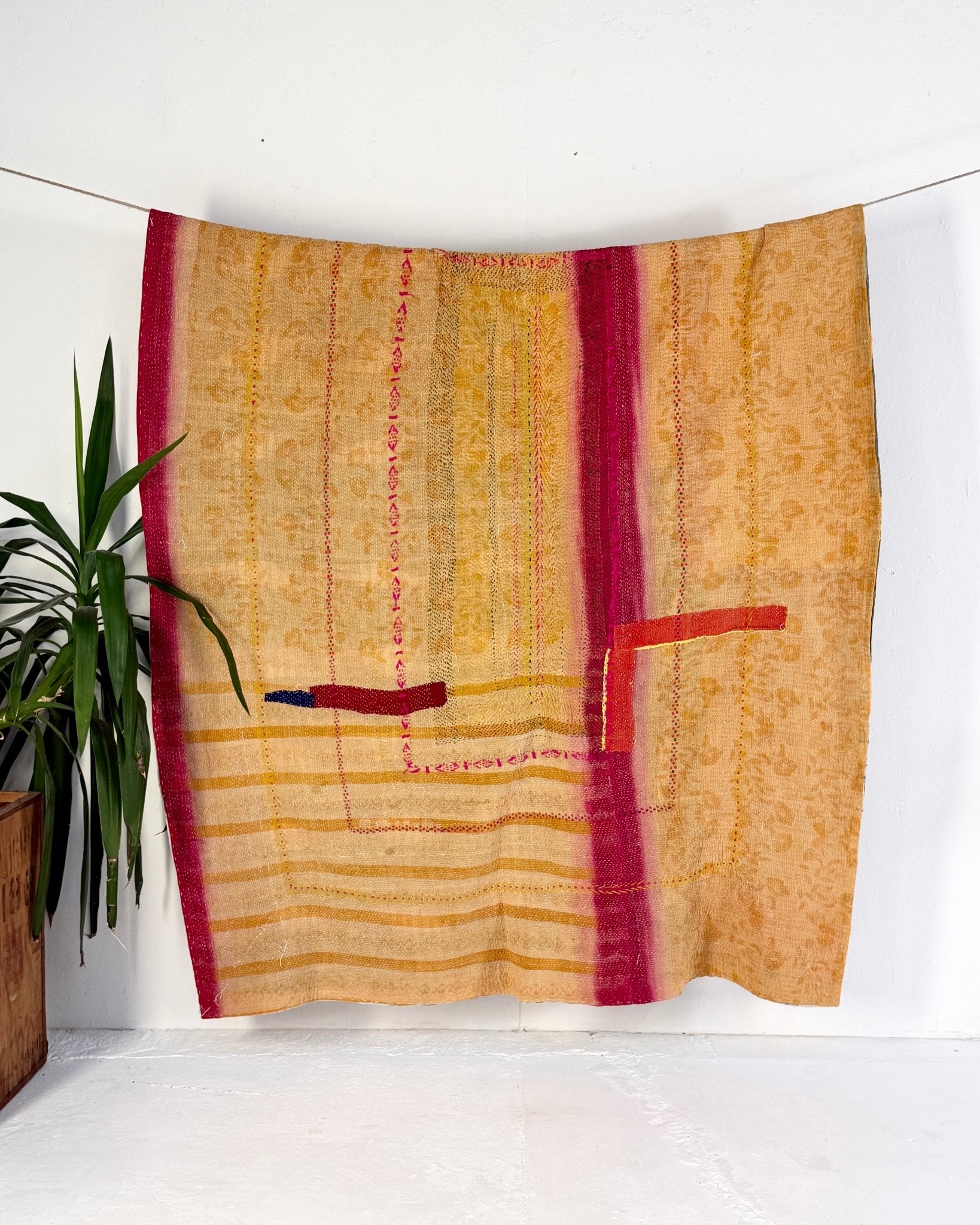 Heavy Fine Stitched Embroidered Vintage Kantha Quilt in Yellow, Pink and Blue - Biggs & Hill