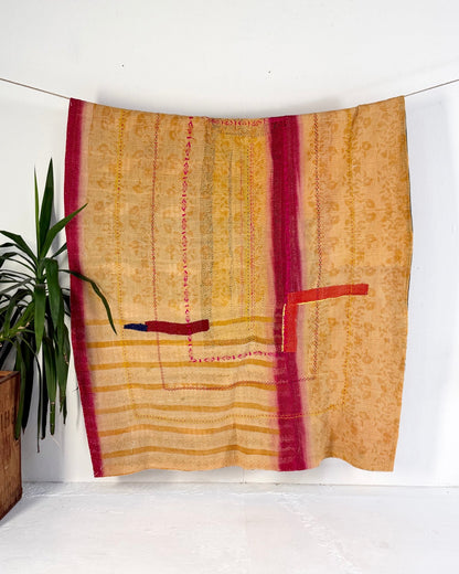 Heavy Fine Stitched Embroidered Vintage Kantha Quilt in Yellow, Pink and Blue - Biggs & Hill