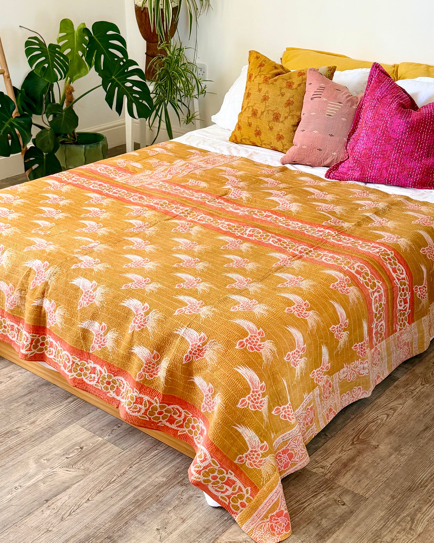 Large Fine Stitched Vintage Kantha Quilt in Mustard and Pink