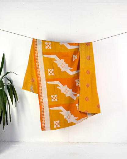 Extra Large Fine Stitched Vintage Kantha Quilt in Geometric Yellow and Orange