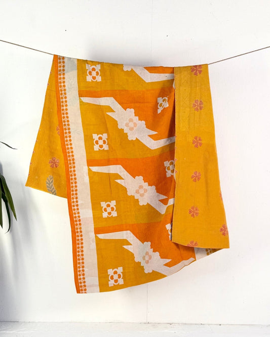 Extra Large Fine Stitched Vintage Kantha Quilt in Geometric Yellow and Orange - Biggs & Hill