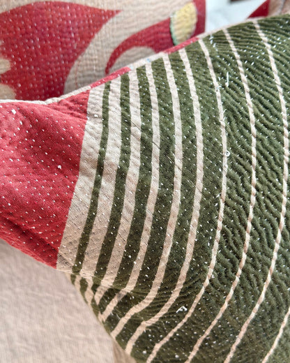 Vintage Kantha Cushion In Forest Green and Pink - Small Rectangular