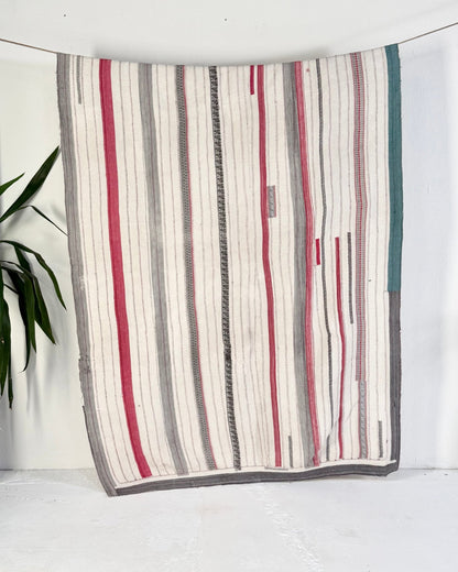 Large Heavy Fine Stitched Embroidered Vintage Kantha Quilt in White and Pink - Biggs & Hill