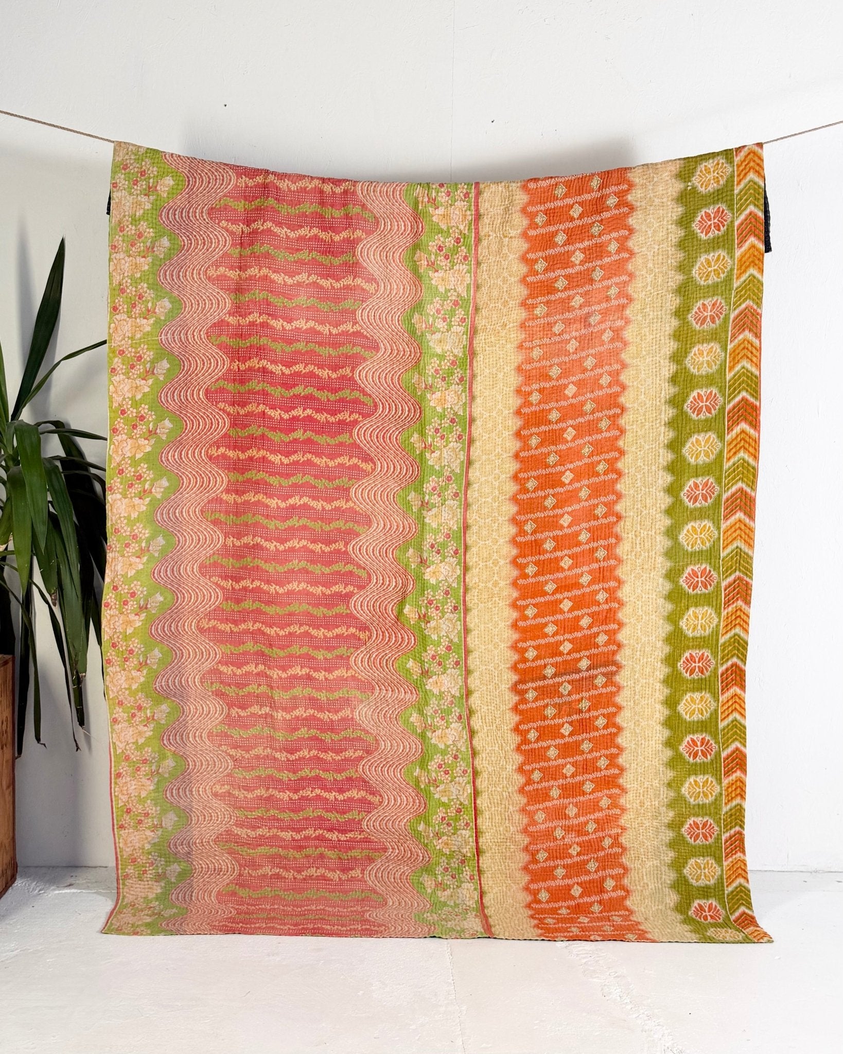 Large Fine Stitched Vintage Kantha Quilt in Orange, Green, Lilac and Yellow - Biggs & Hill
