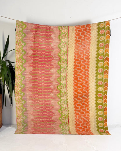 Large Fine Stitched Vintage Kantha Quilt in Orange, Green, Lilac and Yellow - Biggs & Hill