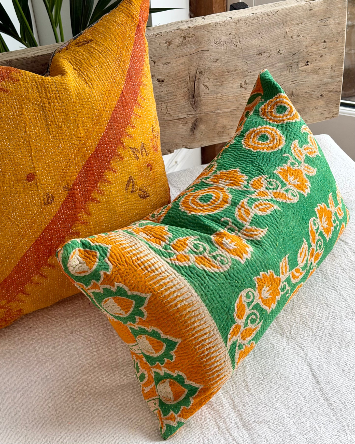 Vintage Kantha Cushion In Green and Orange - Small Rectangular