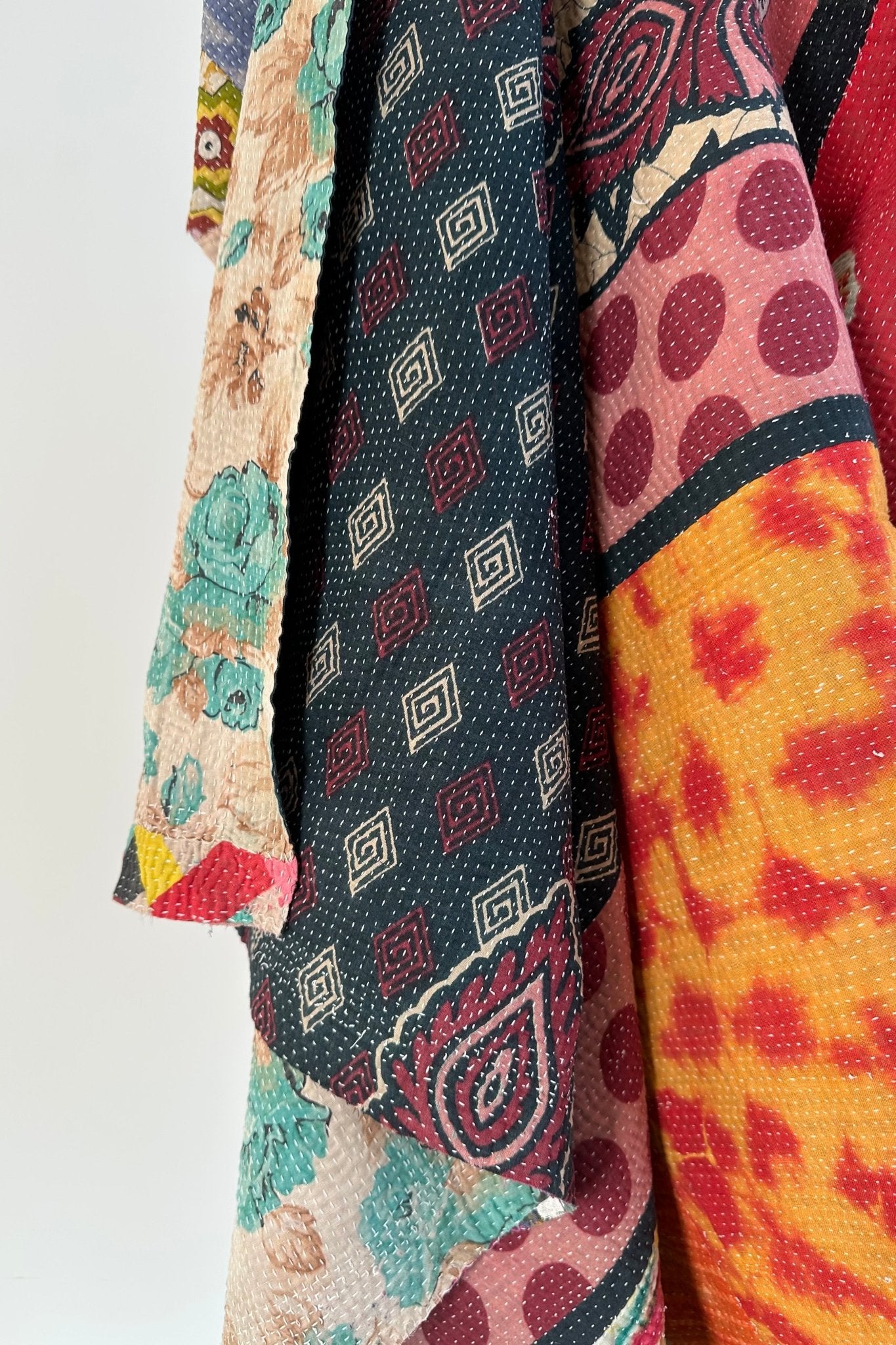 Fine Stitched Embroidered Vintage Kantha Quilt in Multicolour Print - Biggs & Hill