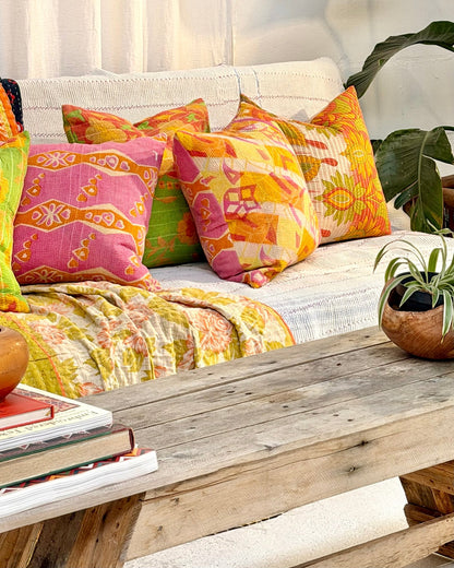 Handmade Vintage Kantha Cushion Cover In Retro Floral - 45cm (18") - Biggs & Hill