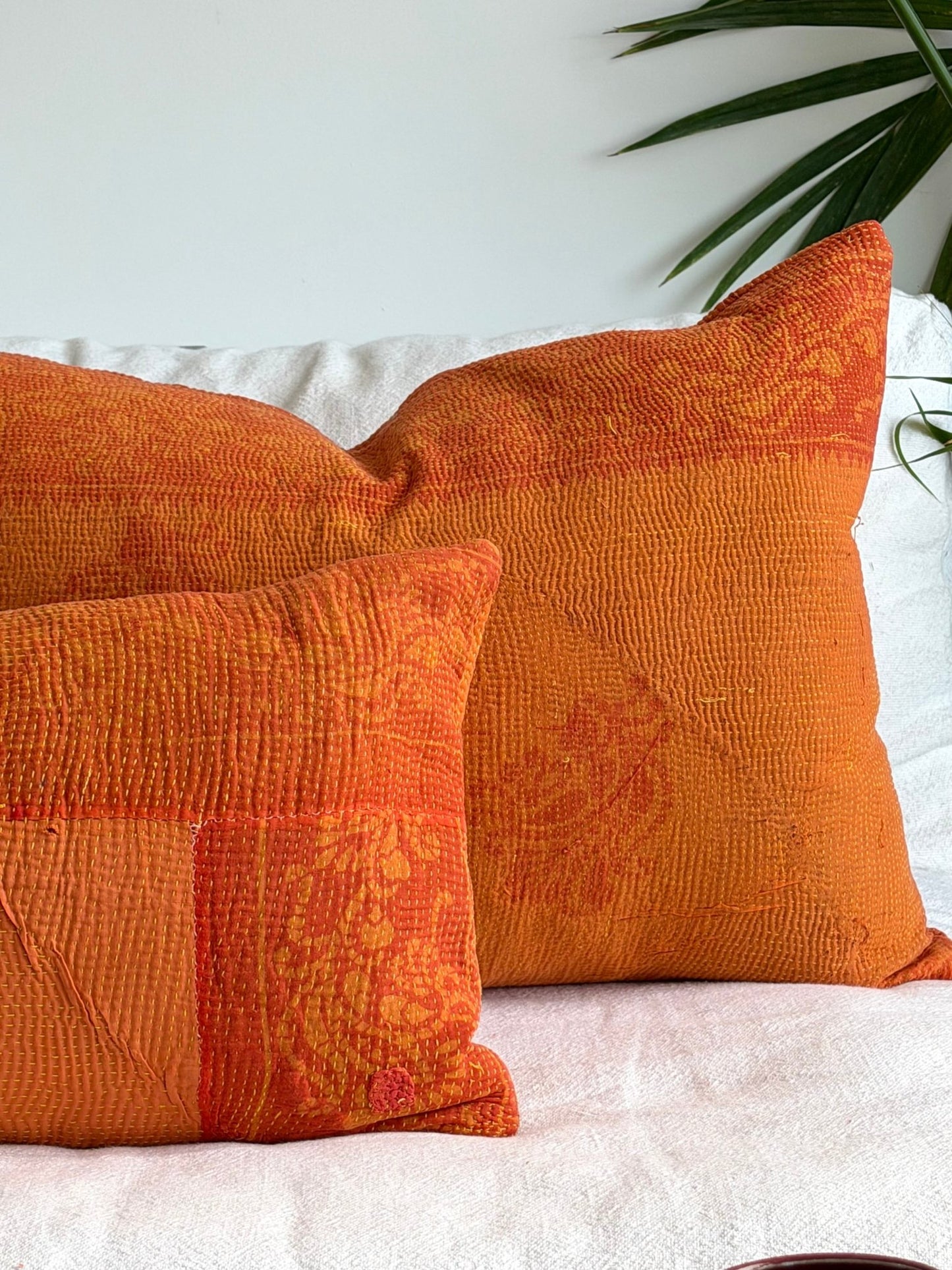 Vintage Kantha Cushion In Orange 03 - Large Rectangular - Biggs & Hill