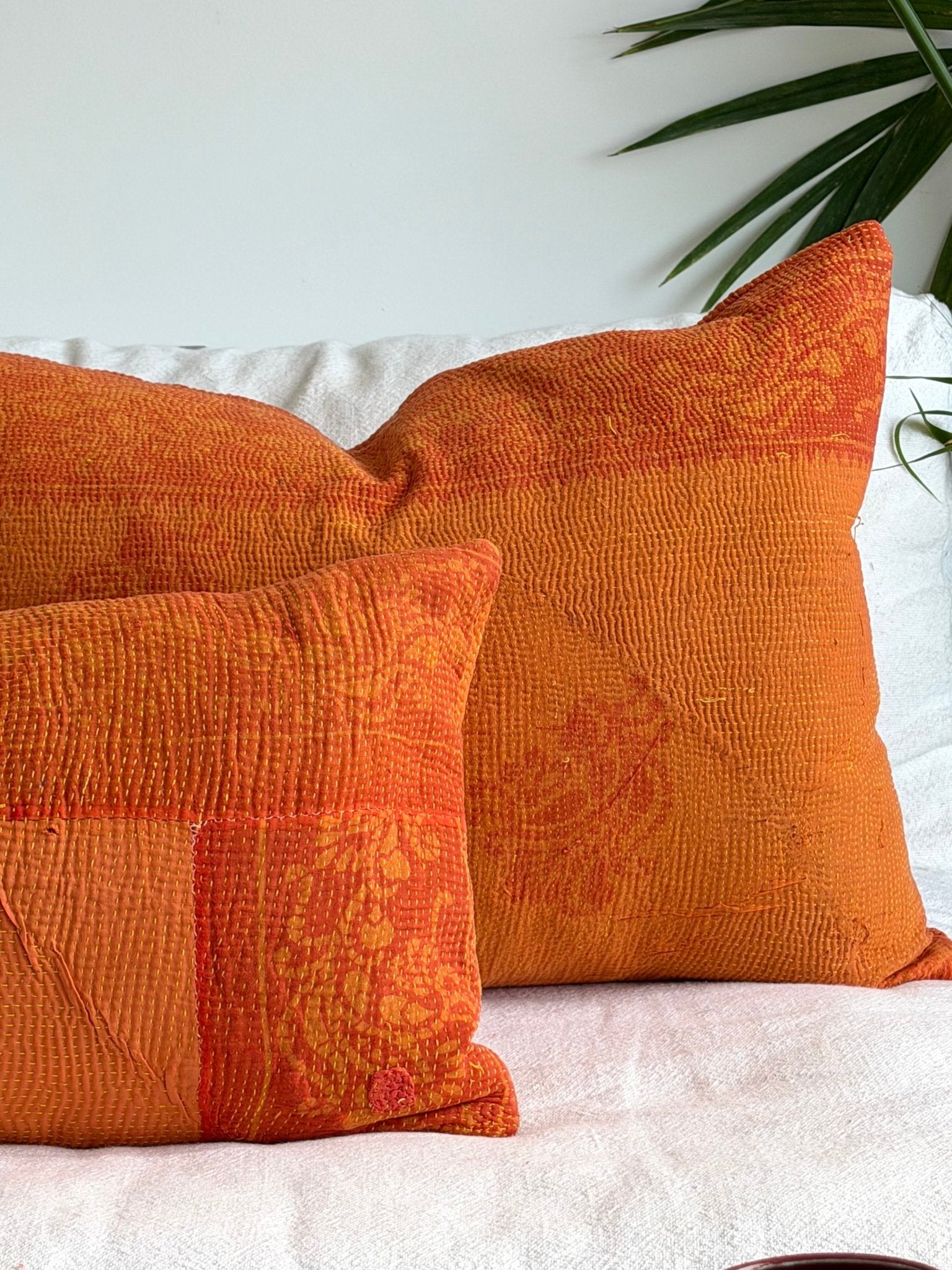 Vintage Kantha Cushion In Orange 03 - Large Rectangular - Biggs & Hill