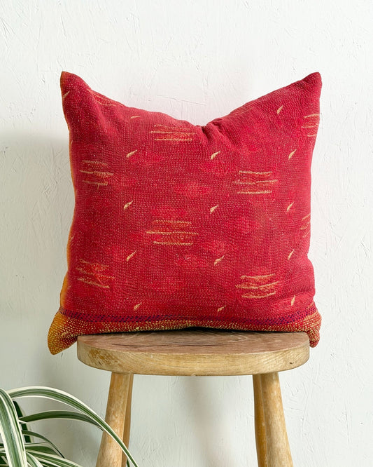 Handmade Vintage Kantha Cushion Cover In Red- 45cm (18") Square - Biggs & Hill
