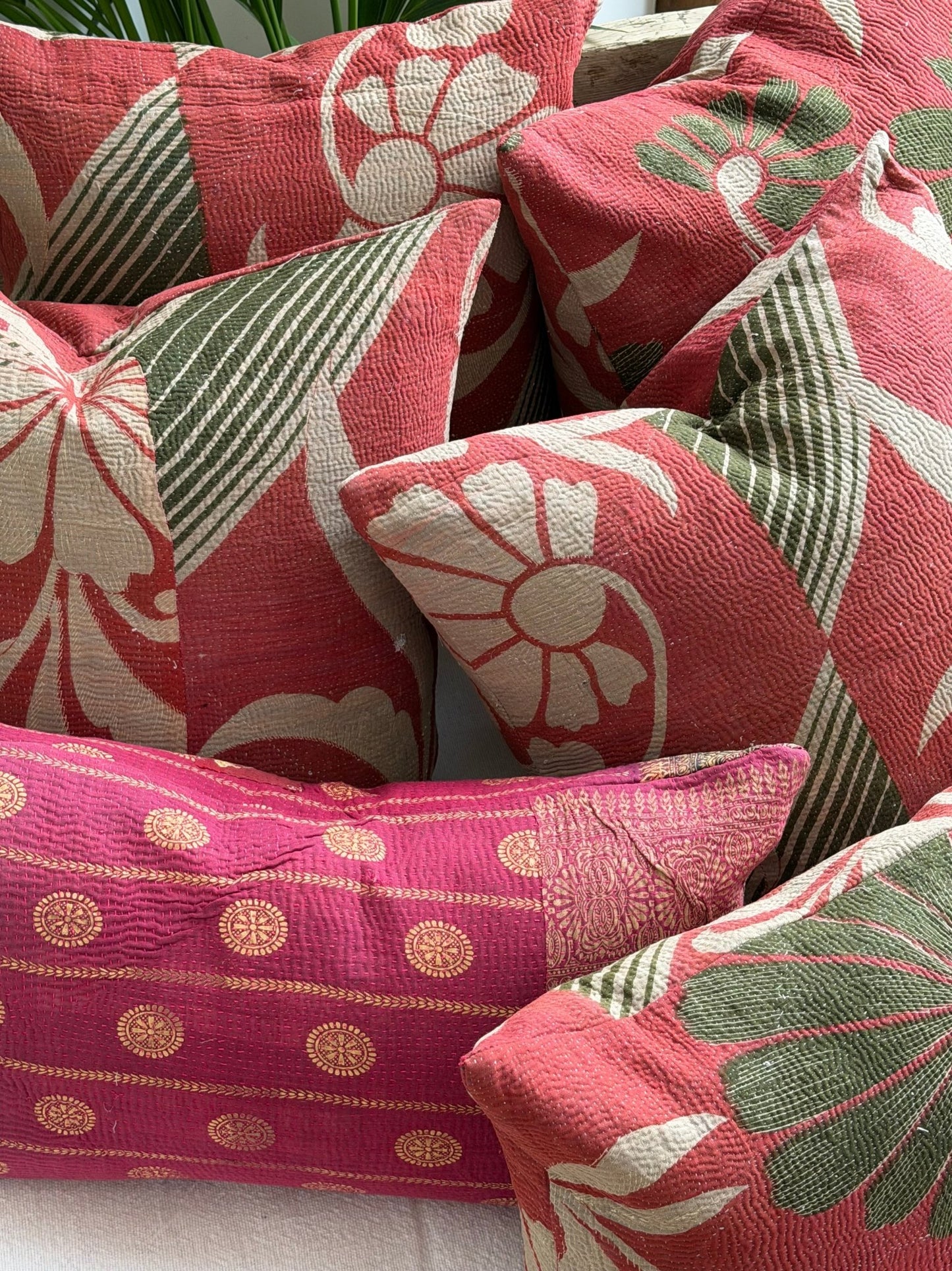 Vintage Kantha Cushion In Burgundy and Gold Dots - Small Rectangular - Biggs & Hill