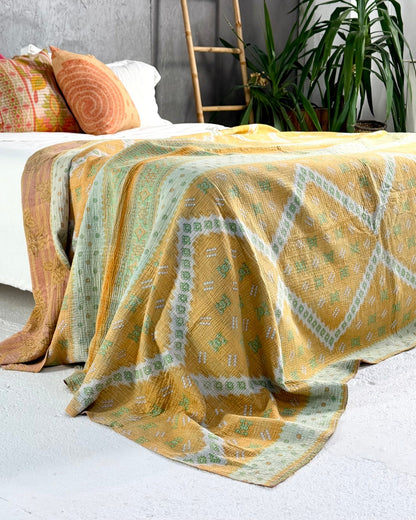 Extra Large Fine Stitched Vintage Kantha Quilt in Geometric Yellow and Green - Biggs & Hill