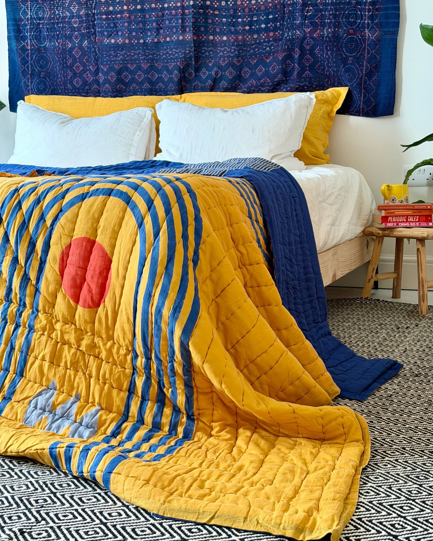 Quilted Kantha In Blue and Yellow With Geometric Patterns - SUPER KING - Biggs & Hill