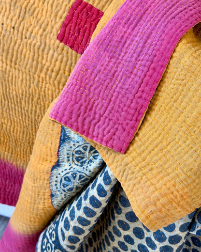 Fine Stitched Vintage Kantha Quilt in Vibrant Pink and Yellow with Dot Pattern - Biggs & Hill