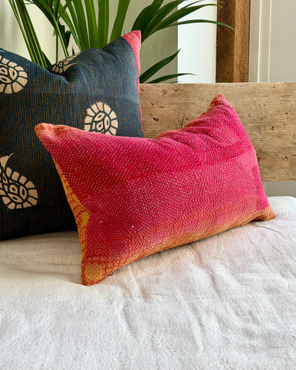 Vintage Kantha Cushion In Pink and Yellow - Small Rectangular
