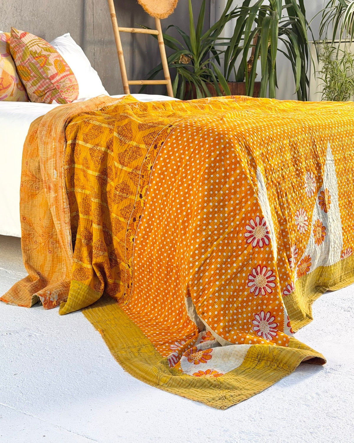 Large Fine Stitched Vintage Kantha Quilt in Yellow and Orange - Biggs & Hill