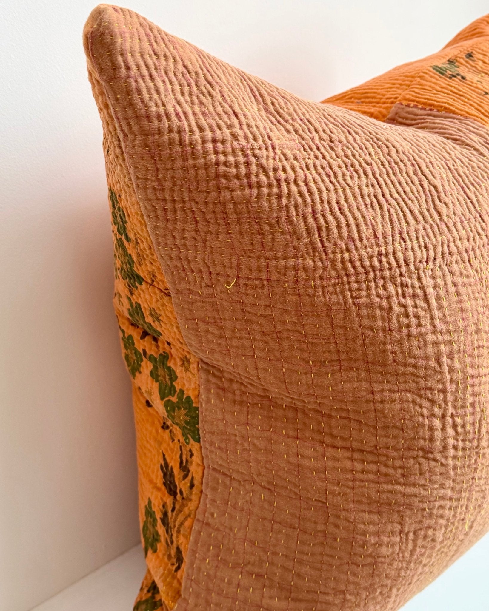Vintage Kantha Cushion In Orange and Brown Floral 03 - 50cm Square - Biggs & Hill
