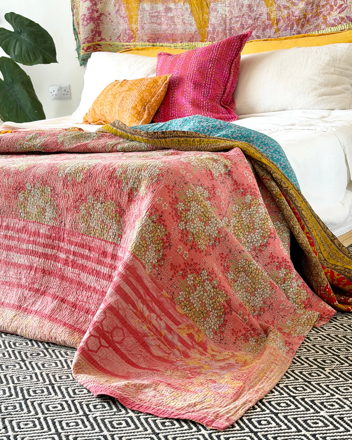 Extra Large Large Fine Stitched Vintage Kantha Quilt in Vibrant Pink, Turquoise, Mustard and Red
