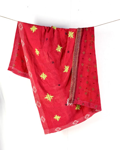Large Embroidered Vintage Kantha Quilt in Red with Neon Embroidery