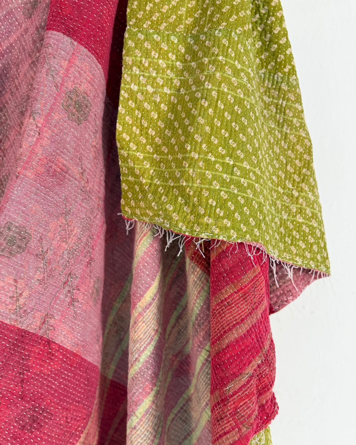 Extra Large Fine Stitched Vintage Kantha Quilt in Pink Stripes and Green