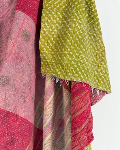 Extra Large Fine Stitched Vintage Kantha Quilt in Pink Stripes and Green