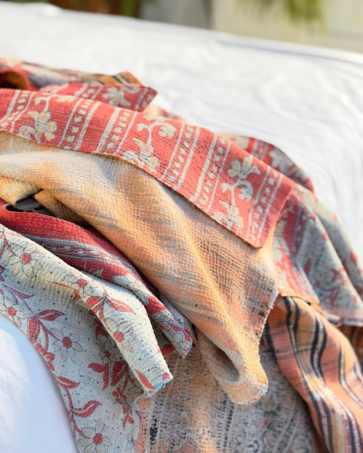 Extra Large Fine Stitched Vintage Kantha Quilt in Peachy Orange and Red - Biggs & Hill