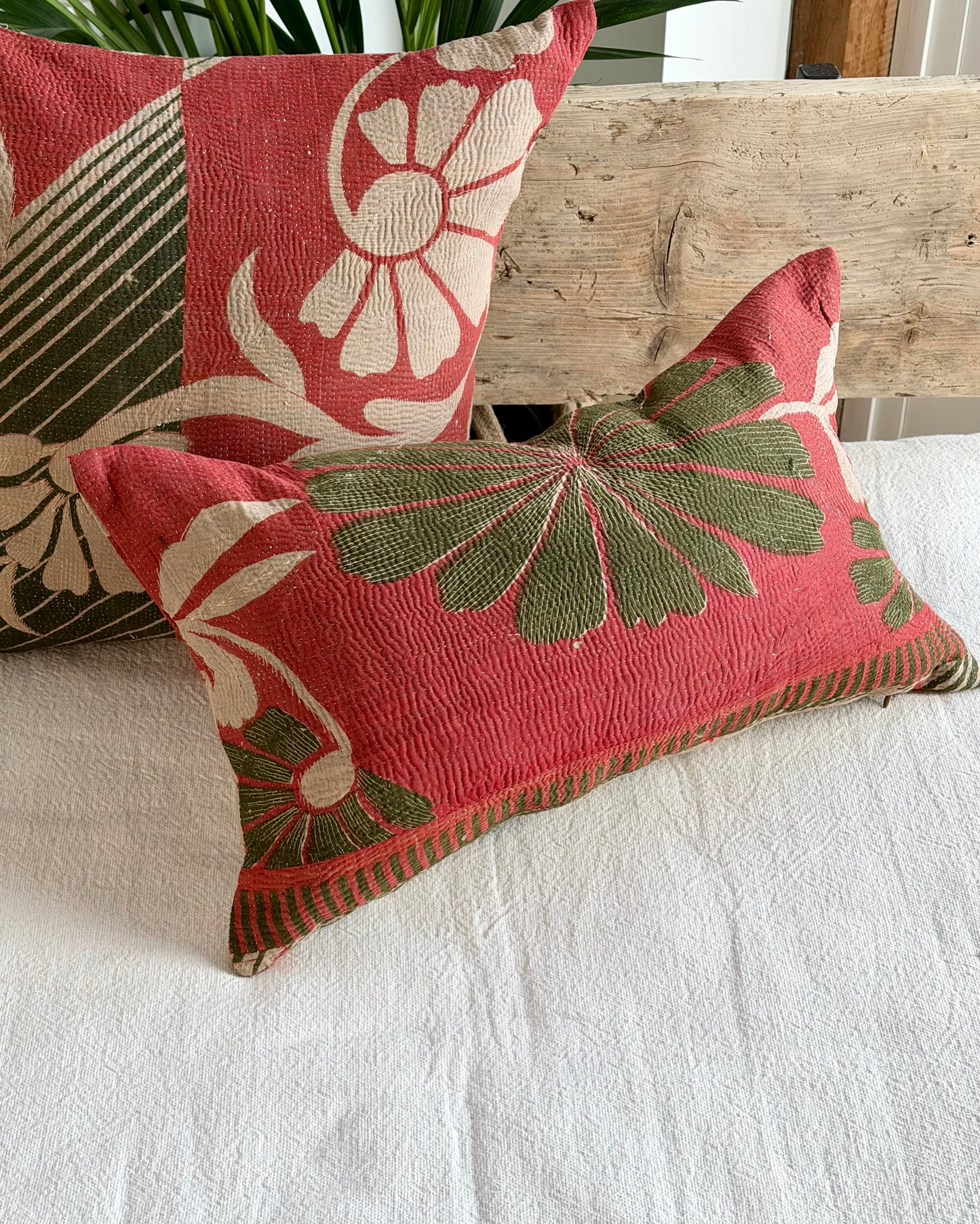 Vintage Kantha Cushion In Forest Green and Pink - Small Rectangular